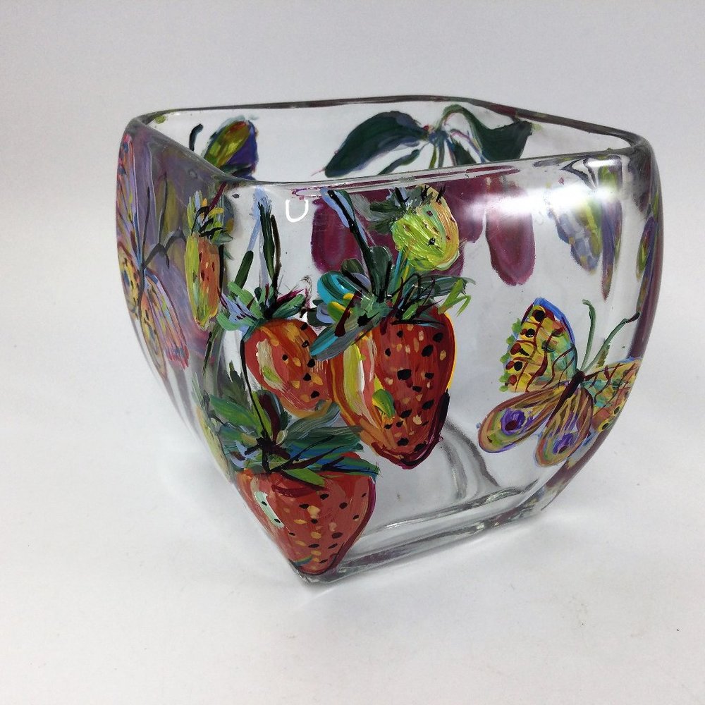 Rectangular Small 4" Glass Vase Hand Painted Butterflies Fruits Signed